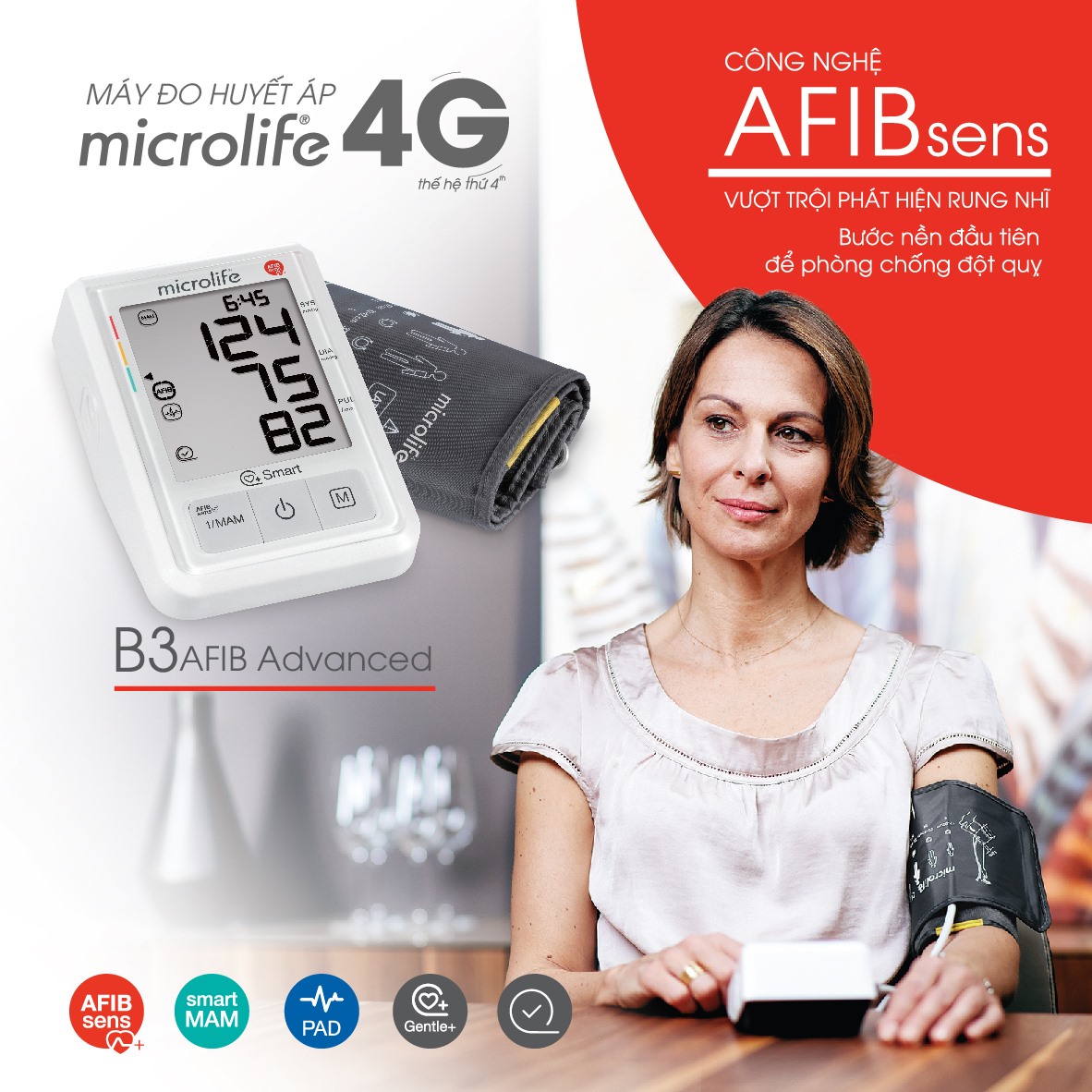 Máy đo huyết áp Microlife 𝗕𝟯 𝗔𝗙𝗜𝗕 𝗔𝗱𝘃𝗮𝗻𝗰𝗲𝗱 có khả năng đo huyết áp và kiểm soát nhịp tim nhanh
