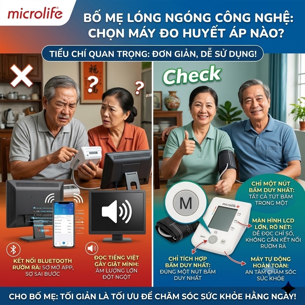 Bố mẹ lóng ngóng với thiết bị công nghệ: Nên chọn máy đo huyết áp loại nào?