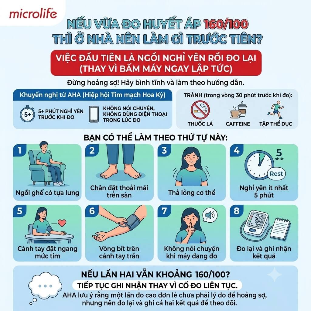 Nếu vừa đo huyết áp 160/100 thì ở nhà nên làm gì trước tiên?